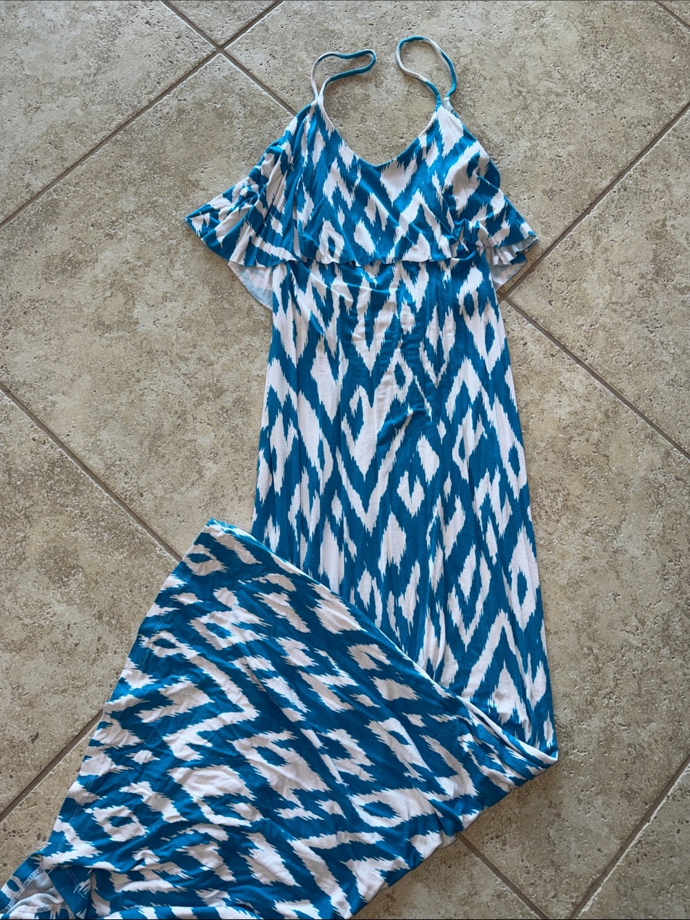 Arden B Teal and White Backless Ikat Maxi Dress with Ruffle Bodice